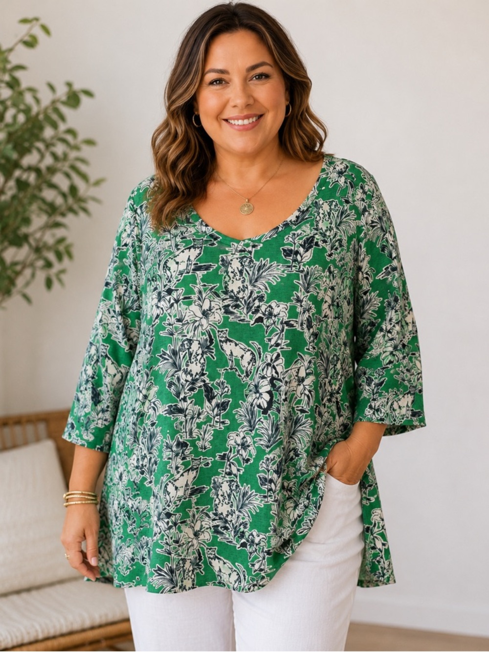 C&C California Size 3X 100% Linen Tropical Green Jungle Print Tunic Top